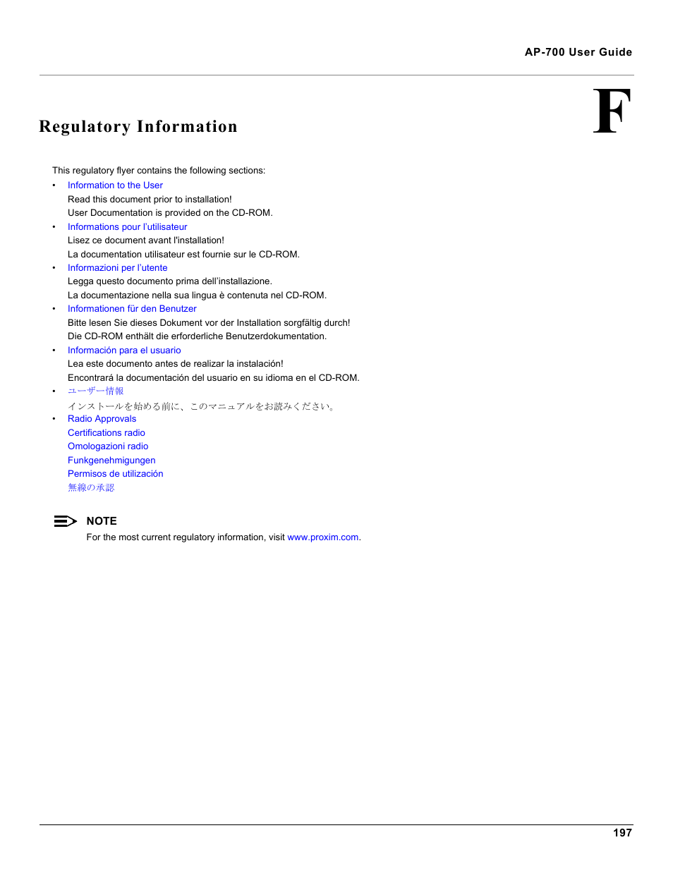 Regulatory information | Proxim ORiNOCO AP-700 User Manual | Page 197 / 242