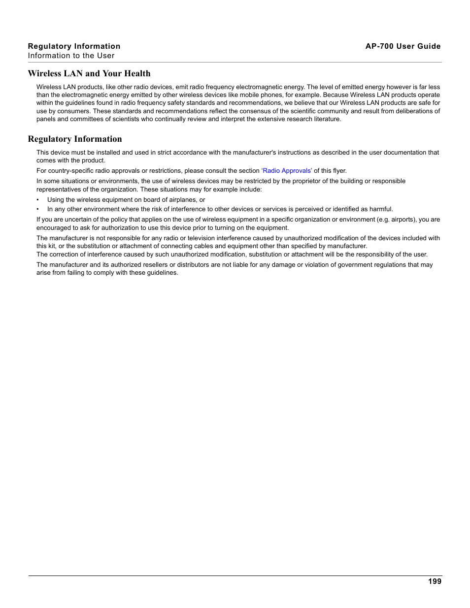 Wireless lan and your health, Regulatory information | Proxim ORiNOCO AP-700 User Manual | Page 199 / 242