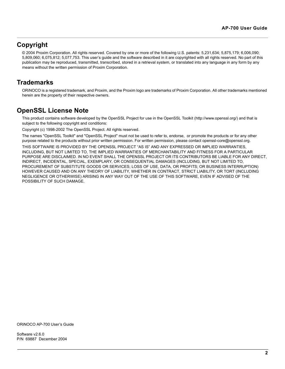 Copyright, Trademarks | Proxim ORiNOCO AP-700 User Manual | Page 2 / 242