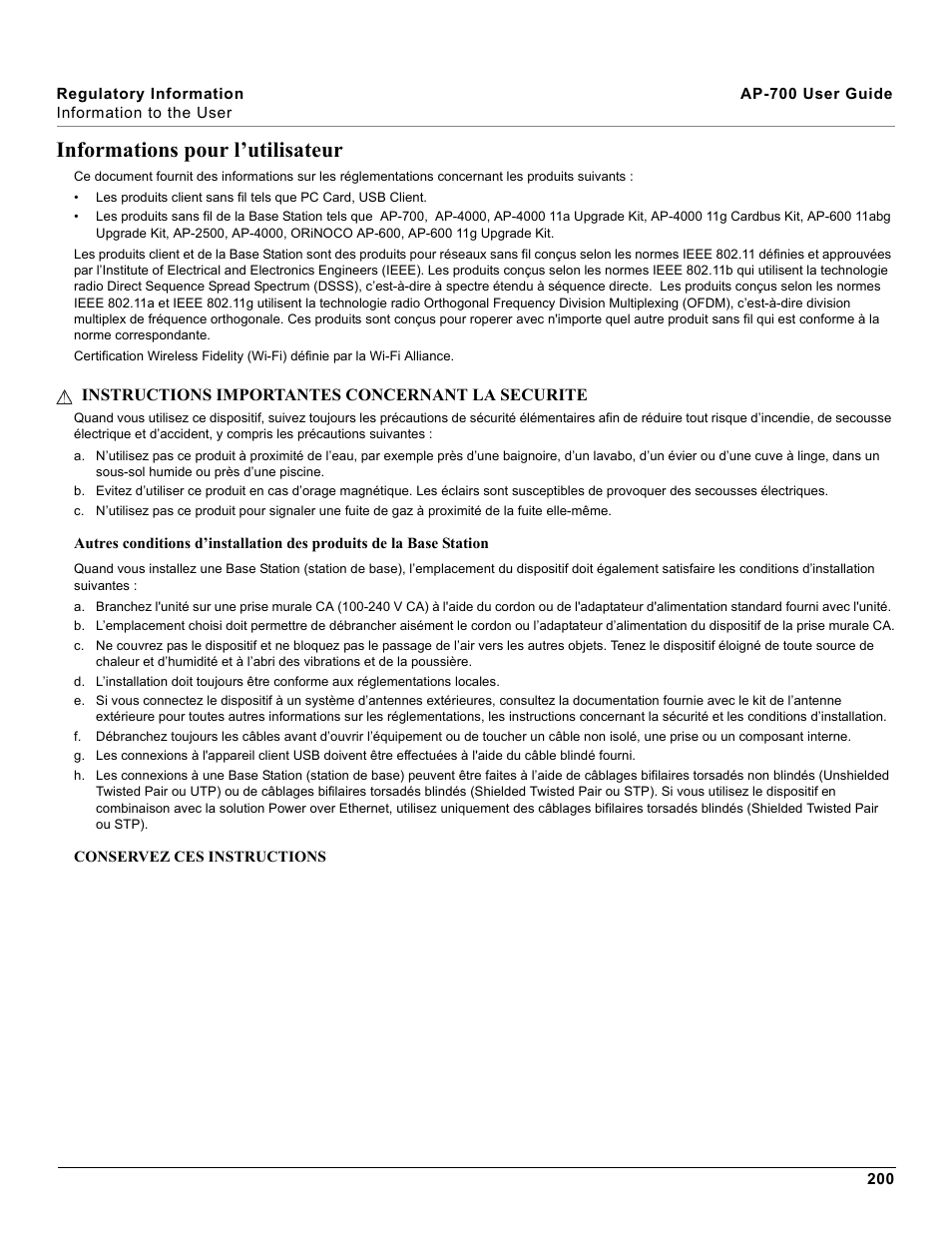 Informations pour l’utilisateur | Proxim ORiNOCO AP-700 User Manual | Page 200 / 242