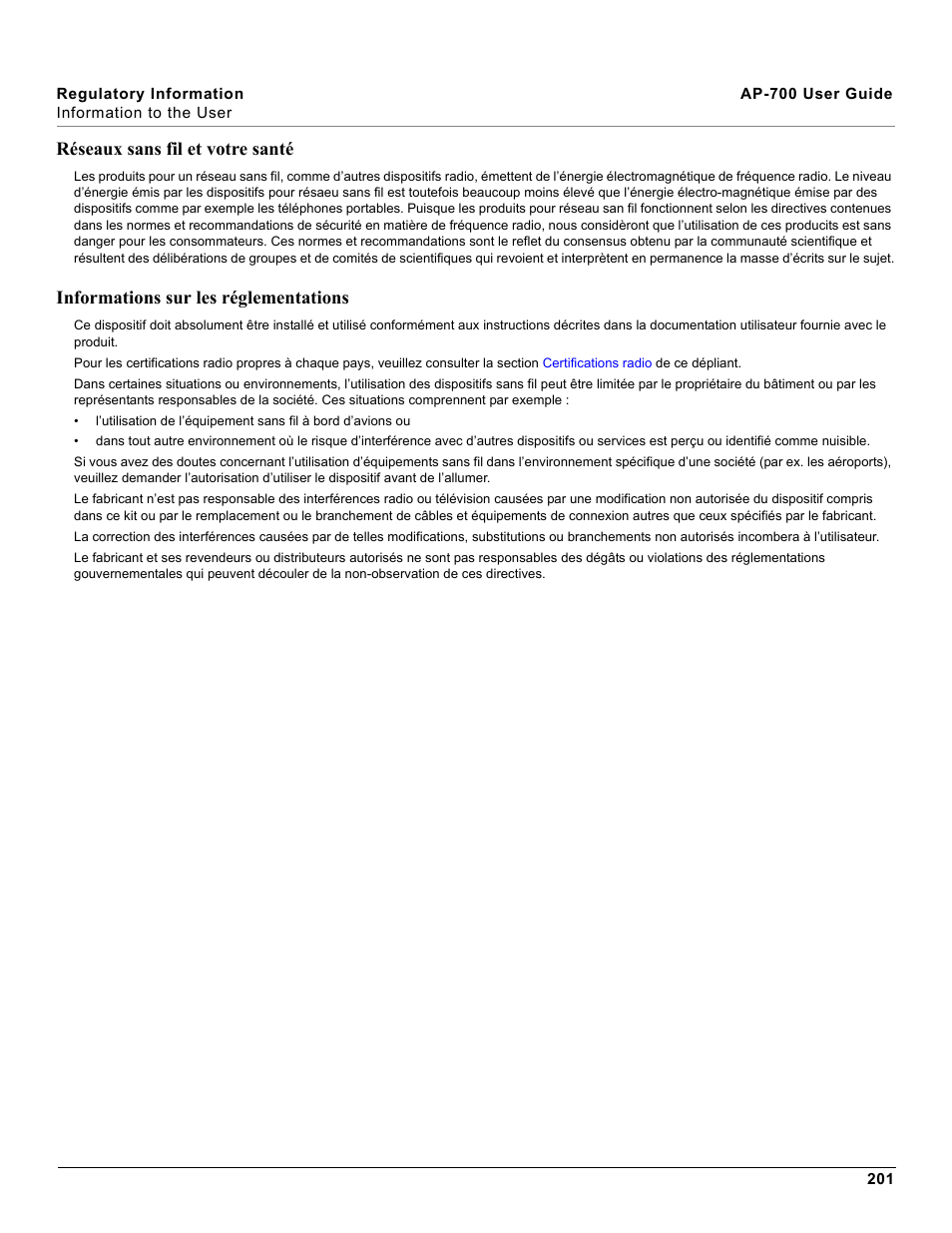 Réseaux sans fil et votre santé, Informations sur les réglementations | Proxim ORiNOCO AP-700 User Manual | Page 201 / 242