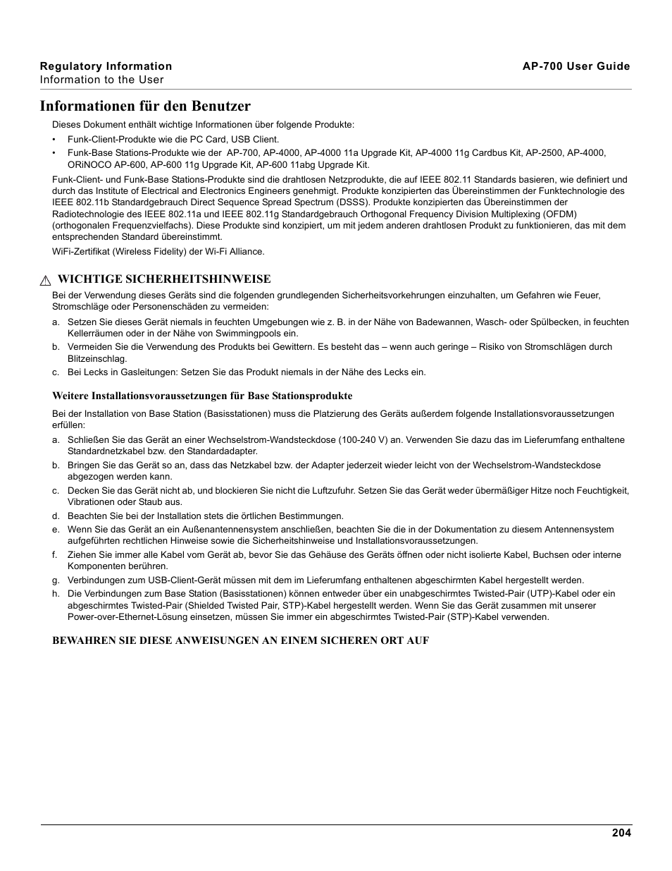 Informationen für den benutzer | Proxim ORiNOCO AP-700 User Manual | Page 204 / 242