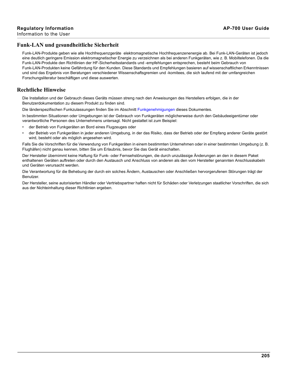 Funk-lan und gesundheitliche sicherheit, Rechtliche hinweise | Proxim ORiNOCO AP-700 User Manual | Page 205 / 242