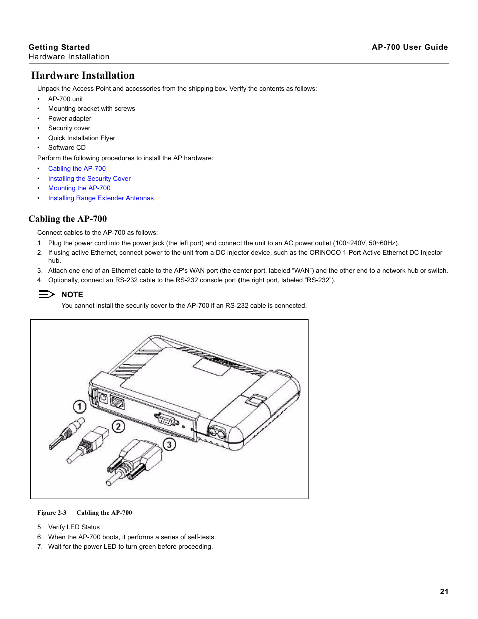 Hardware installation, Cabling the ap-700 | Proxim ORiNOCO AP-700 User Manual | Page 21 / 242