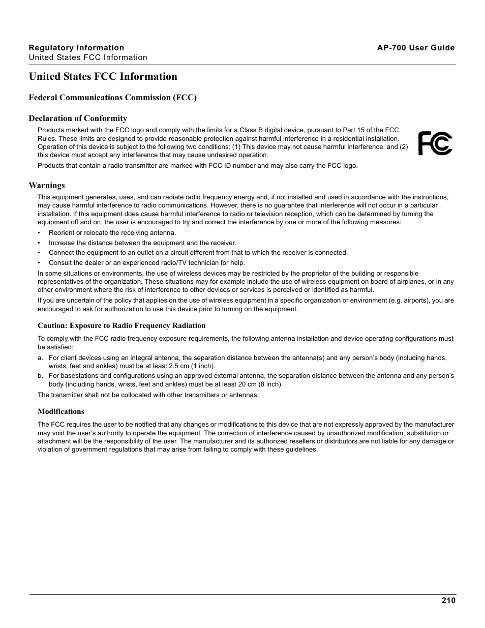 United states fcc information | Proxim ORiNOCO AP-700 User Manual | Page 210 / 242