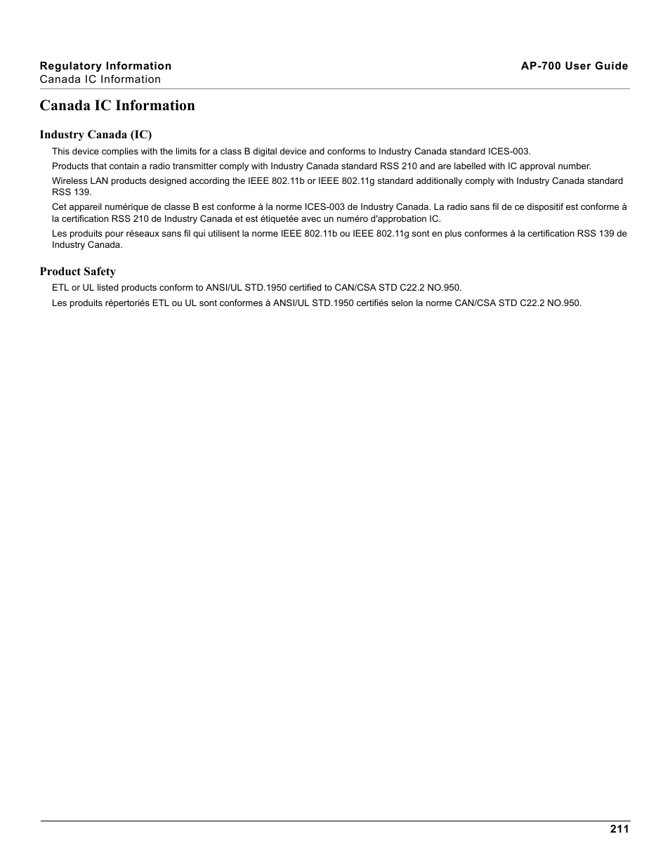 Canada ic information | Proxim ORiNOCO AP-700 User Manual | Page 211 / 242