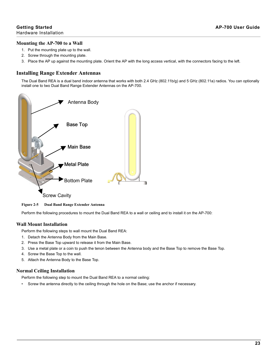 Installing range extender antennas, Mounting the ap-700 to a wall | Proxim ORiNOCO AP-700 User Manual | Page 23 / 242