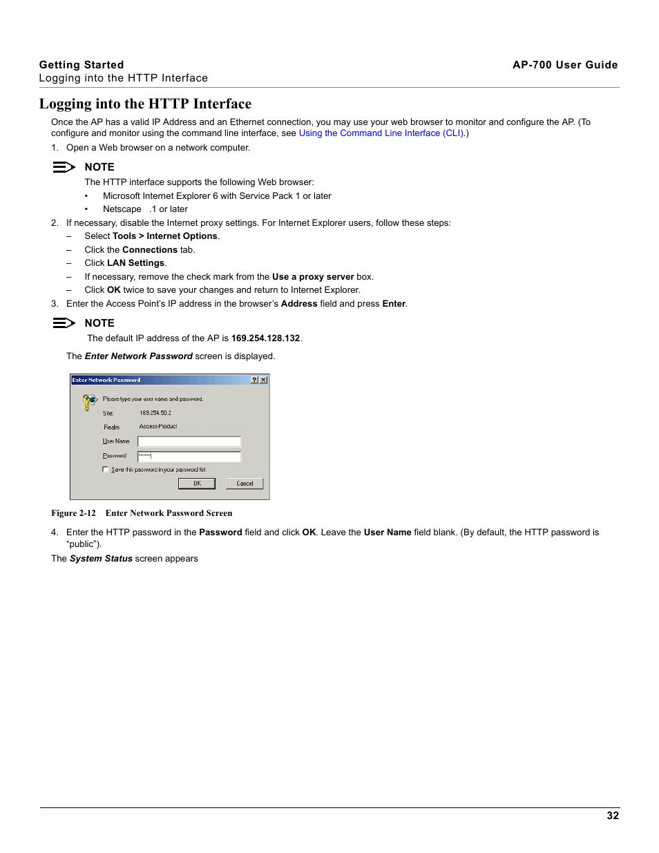 Logging into the http interface | Proxim ORiNOCO AP-700 User Manual | Page 32 / 242