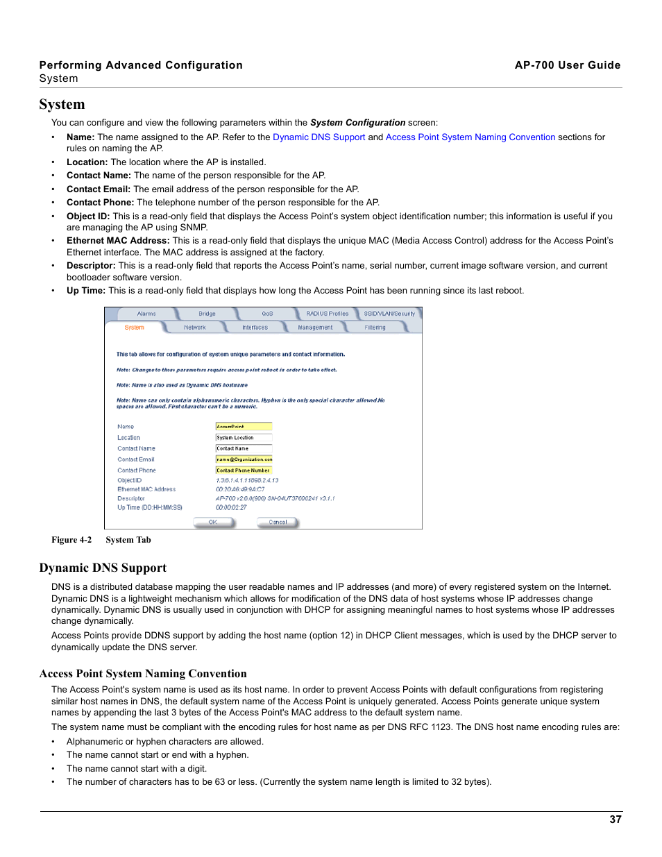 System, Dynamic dns support, Access point system naming convention | Proxim ORiNOCO AP-700 User Manual | Page 37 / 242