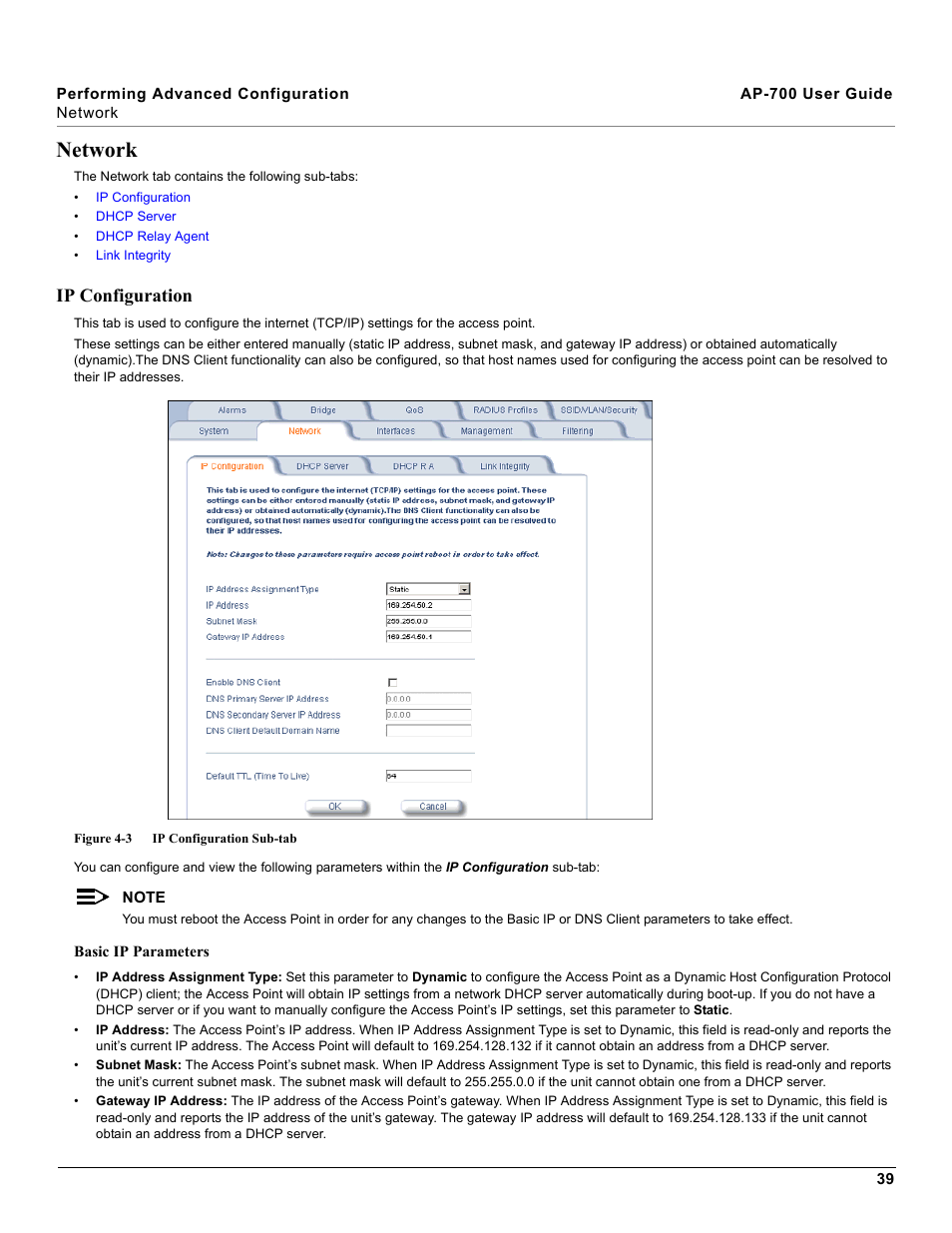 Network, Ip configuration, Basic ip parameters | Proxim ORiNOCO AP-700 User Manual | Page 39 / 242