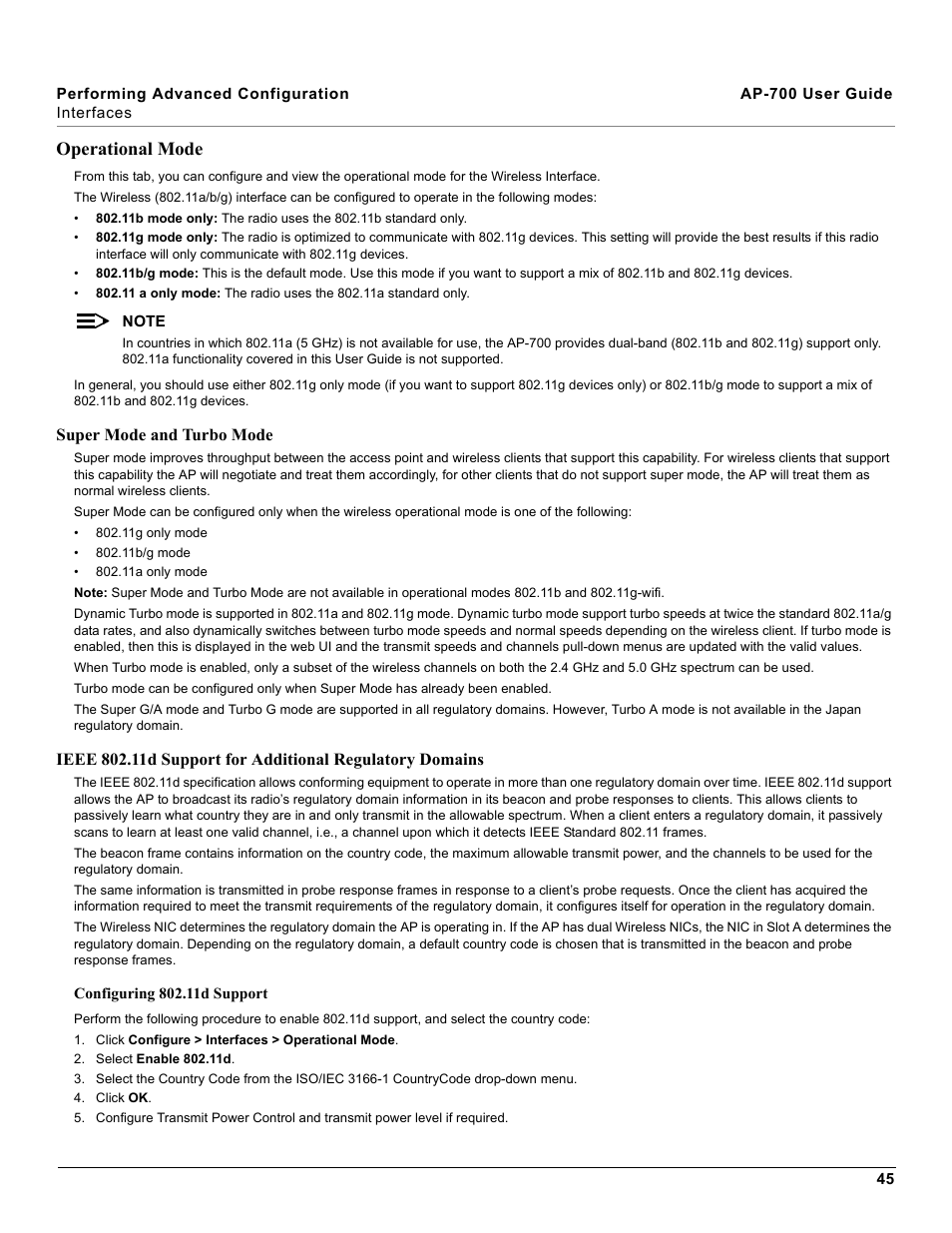 Operational mode, Super mode and turbo mode, Ieee 802.11d support for additional | Regulatory domains, Configuring 802.11d support | Proxim ORiNOCO AP-700 User Manual | Page 45 / 242