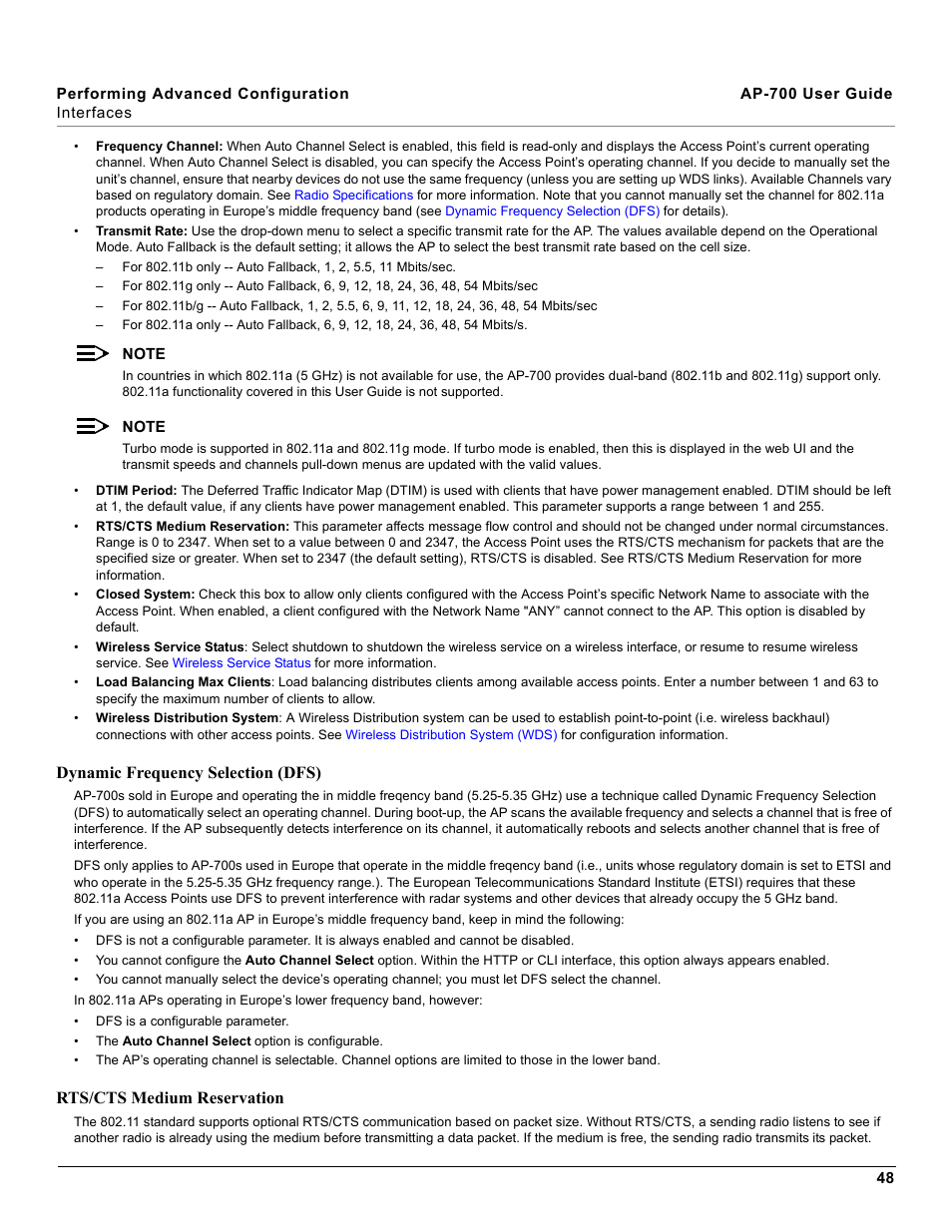 Dynamic frequency selection (dfs), Rts/cts medium reservation | Proxim ORiNOCO AP-700 User Manual | Page 48 / 242