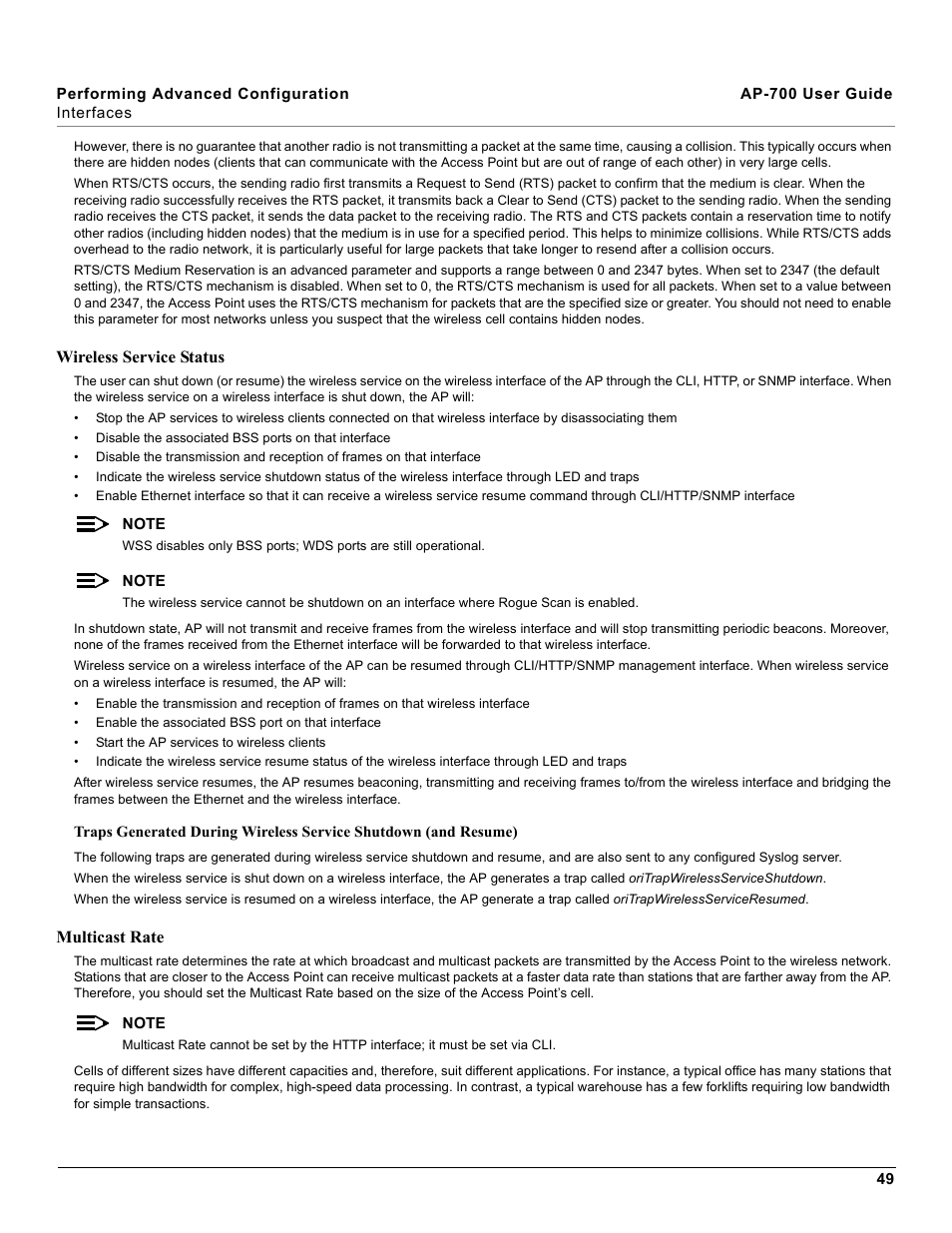 Wireless service status multicast rate, Multicast rate, Wireless service status | Proxim ORiNOCO AP-700 User Manual | Page 49 / 242