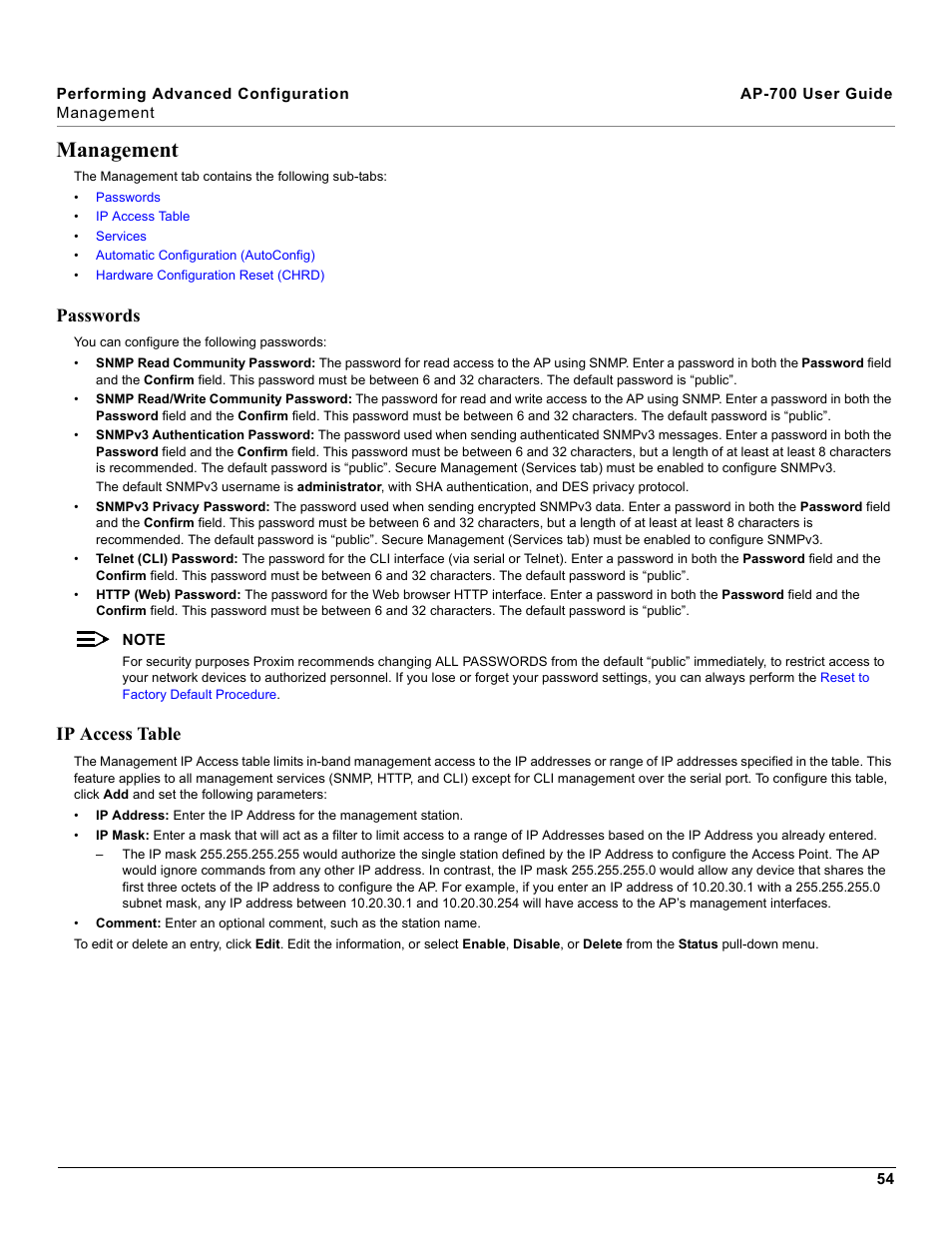 Management, Passwords, Ip access table | Passwords ip access table | Proxim ORiNOCO AP-700 User Manual | Page 54 / 242