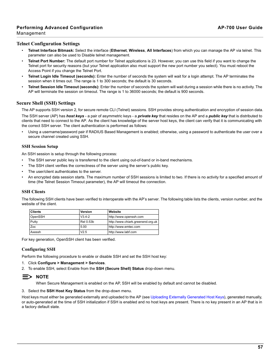 Telnet configuration settings, Secure shell (ssh) settings | Proxim ORiNOCO AP-700 User Manual | Page 57 / 242