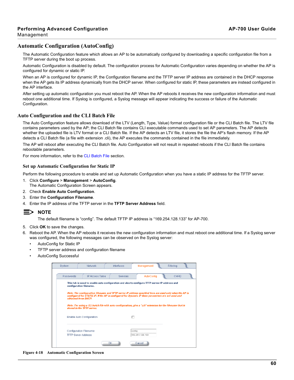 Automatic configuration (autoconfig), Auto configuration and the cli batch file | Proxim ORiNOCO AP-700 User Manual | Page 60 / 242