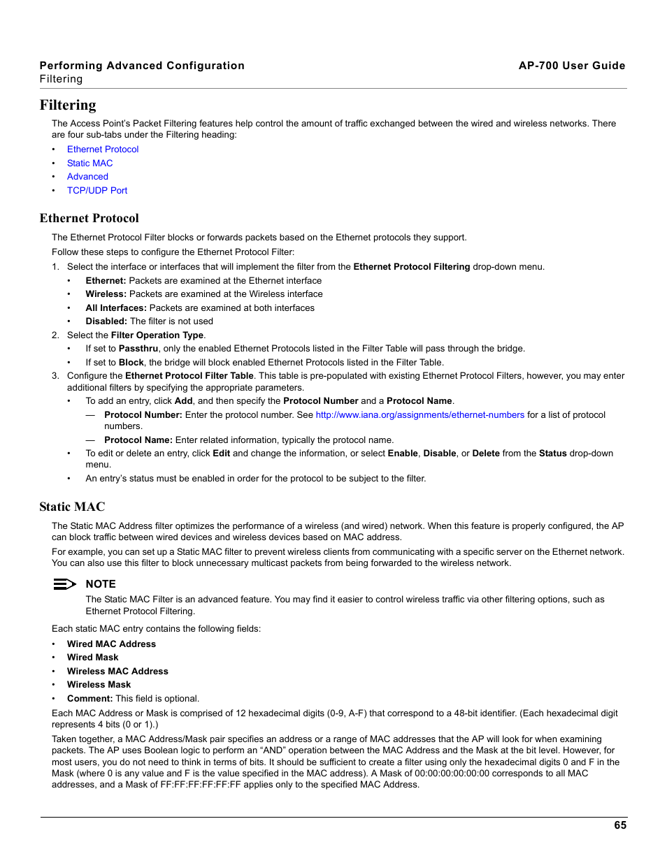 Filtering, Ethernet protocol, Static mac | Ethernet protocol static mac | Proxim ORiNOCO AP-700 User Manual | Page 65 / 242