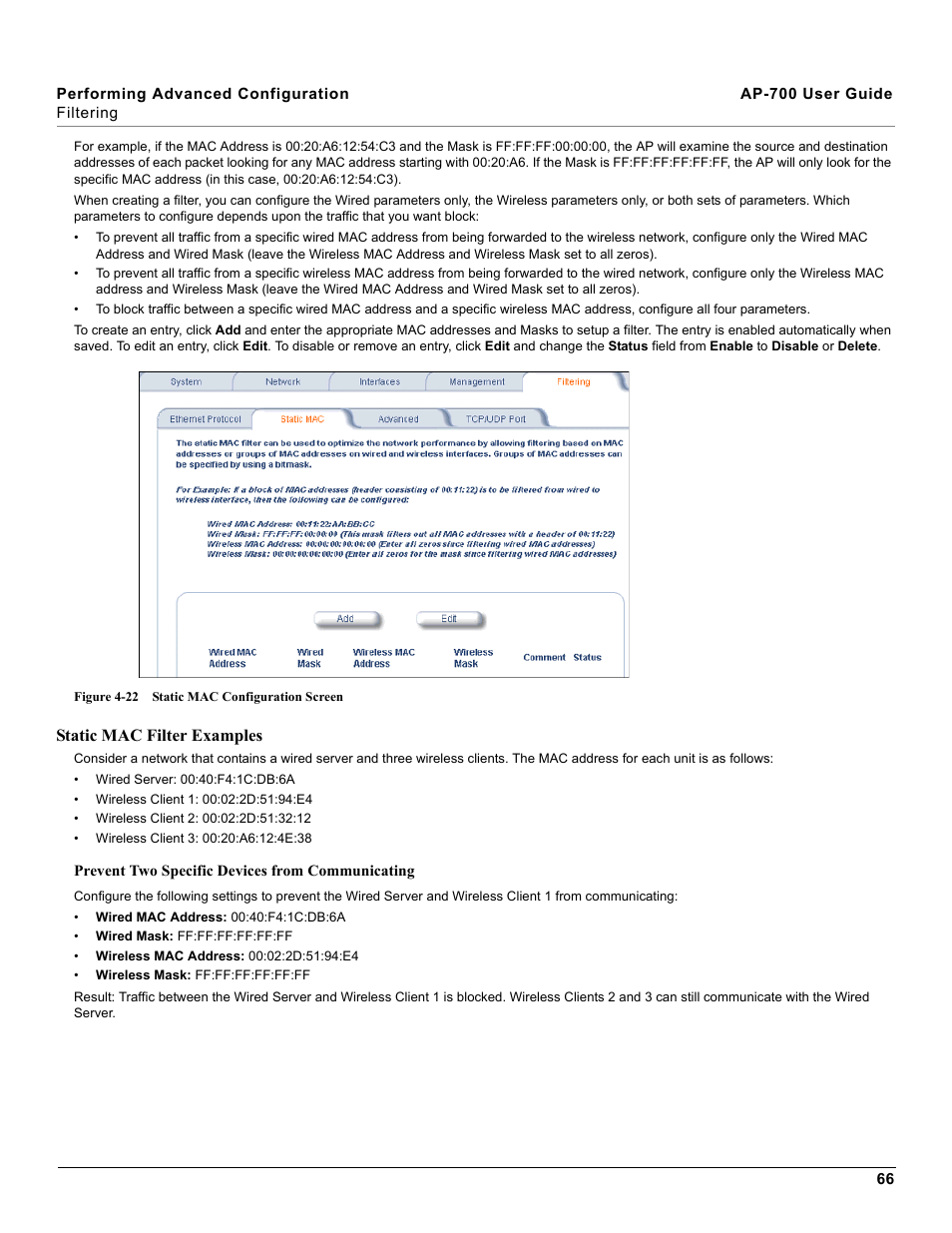 Static mac filter examples | Proxim ORiNOCO AP-700 User Manual | Page 66 / 242