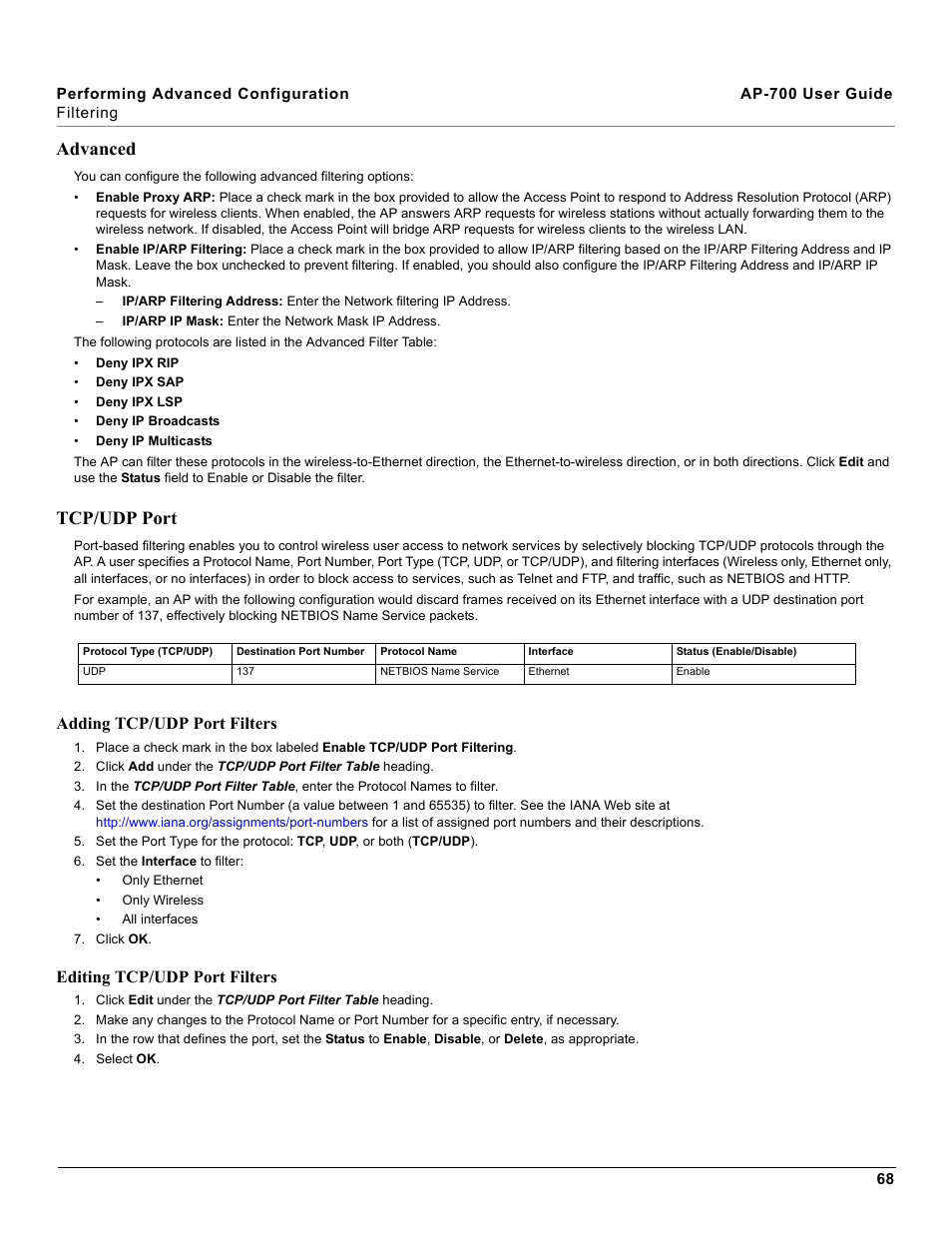 Advanced, Tcp/udp port, Advanced tcp/udp port | Adding tcp/udp port filters, Editing tcp/udp port filters | Proxim ORiNOCO AP-700 User Manual | Page 68 / 242