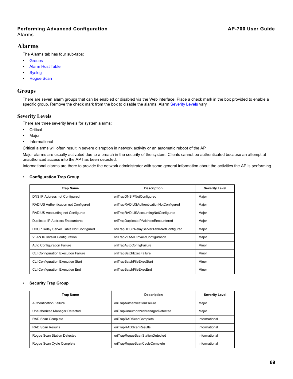 Alarms, Groups, Severity levels | Proxim ORiNOCO AP-700 User Manual | Page 69 / 242