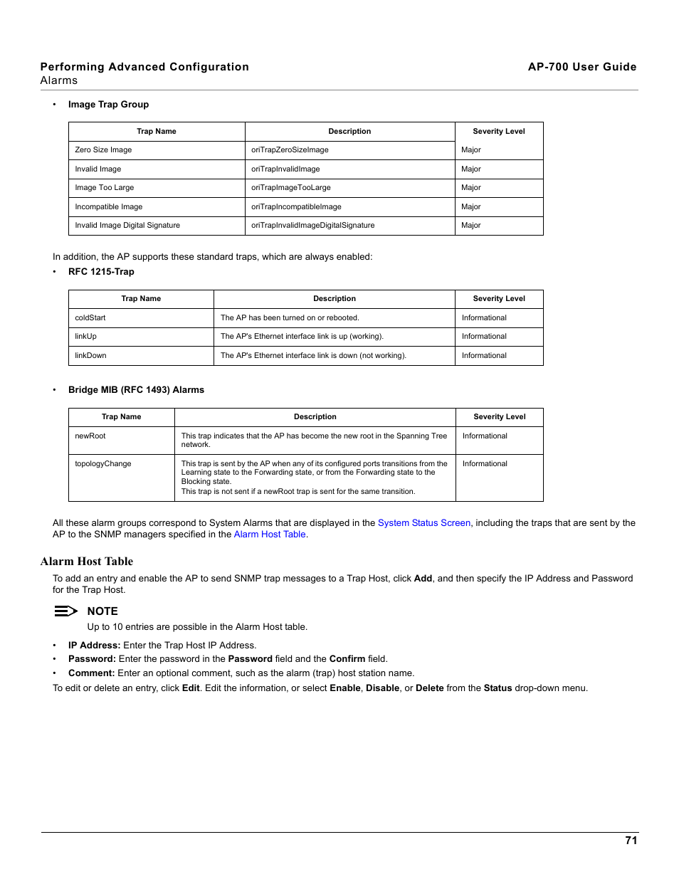 Alarm host table | Proxim ORiNOCO AP-700 User Manual | Page 71 / 242