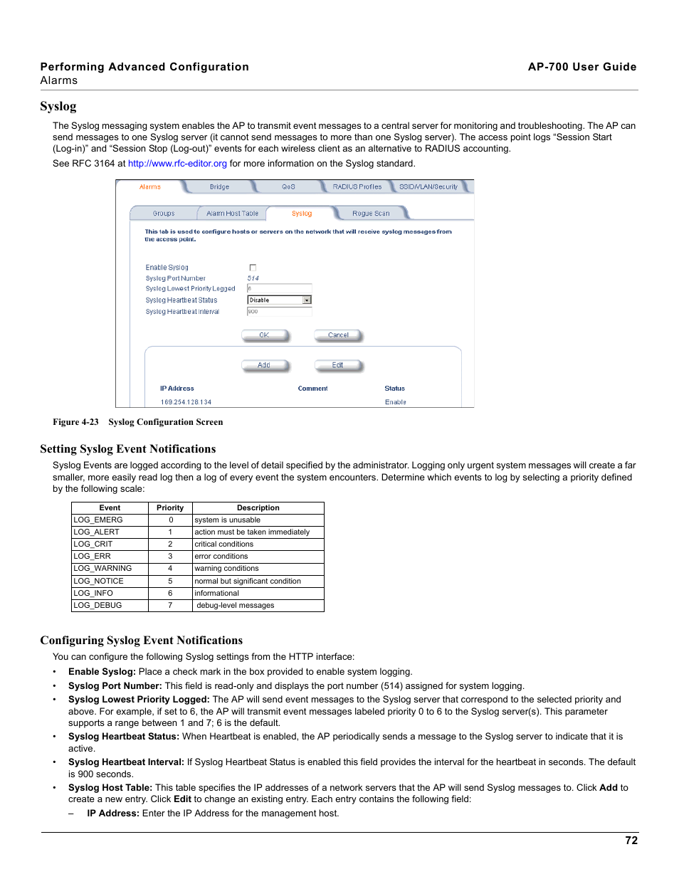 Syslog, Setting syslog event notifications, Configuring syslog event notifications | Proxim ORiNOCO AP-700 User Manual | Page 72 / 242