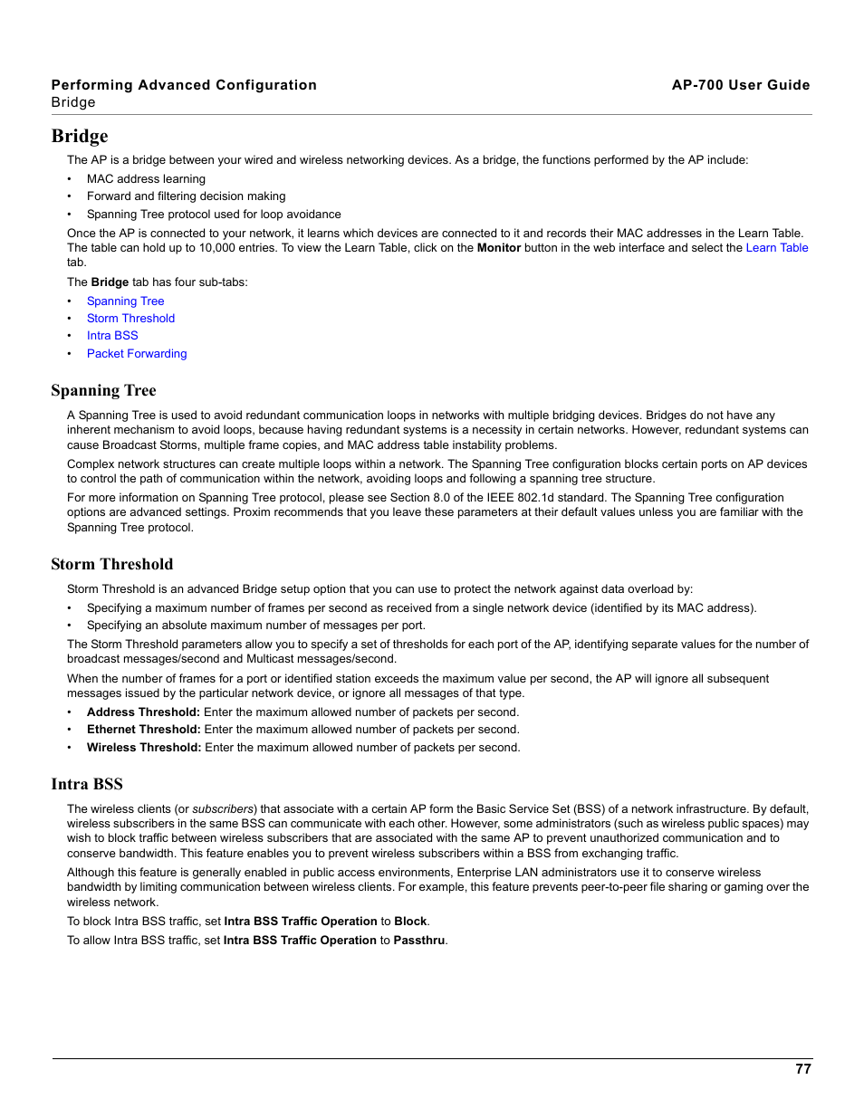 Bridge, Spanning tree, Storm threshold | Intra bss, Spanning tree storm threshold intra bss | Proxim ORiNOCO AP-700 User Manual | Page 77 / 242