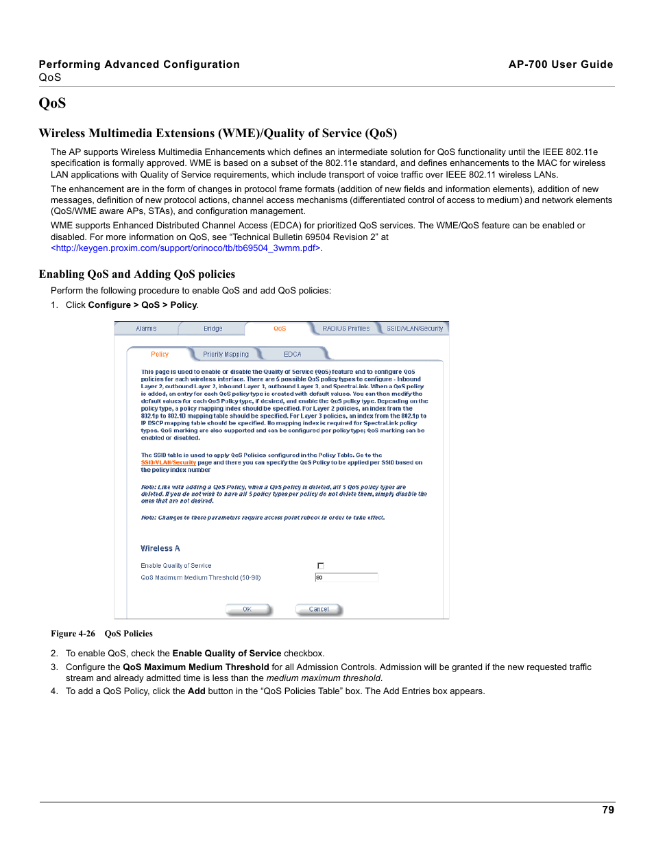 Enabling qos and adding qos policies | Proxim ORiNOCO AP-700 User Manual | Page 79 / 242