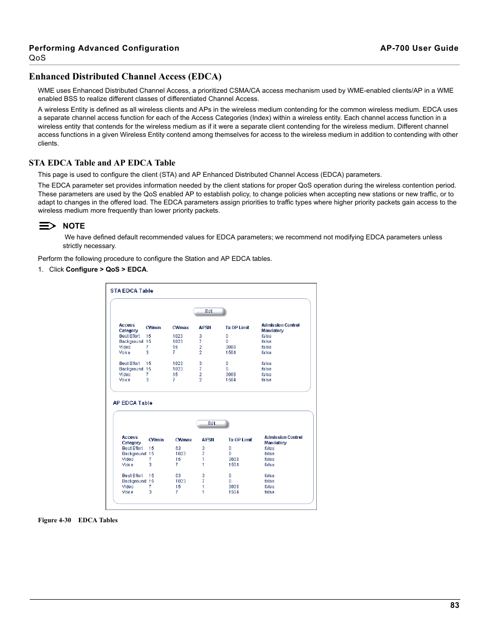 Enhanced distributed channel access (edca), Sta edca table and ap edca table | Proxim ORiNOCO AP-700 User Manual | Page 83 / 242