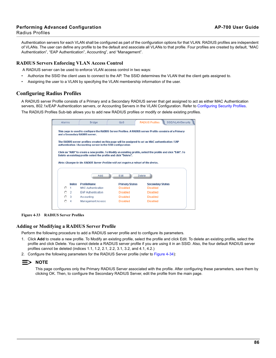 Configuring radius profiles, Radius servers enforcing vlan access control, Adding or modifying a radius server profile | Proxim ORiNOCO AP-700 User Manual | Page 86 / 242