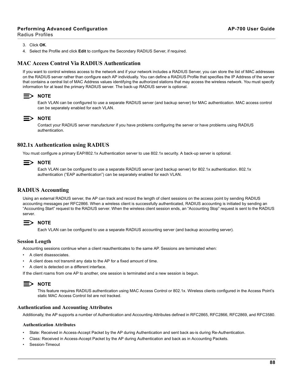 Mac access control via radius authentication, 1x authentication using radius, Radius accounting | Proxim ORiNOCO AP-700 User Manual | Page 88 / 242