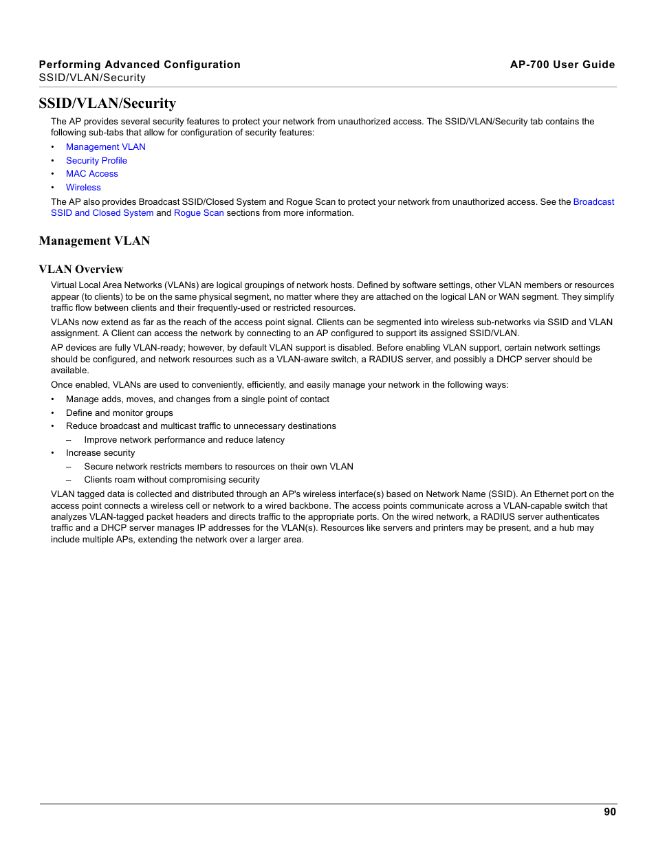 Ssid/vlan/security, Management vlan, Vlan overview | Proxim ORiNOCO AP-700 User Manual | Page 90 / 242