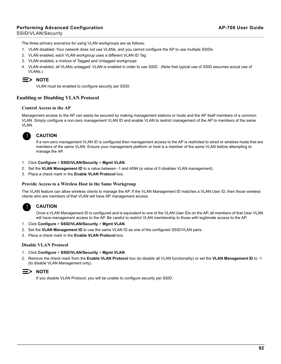 Enabling or disabling vlan protocol | Proxim ORiNOCO AP-700 User Manual | Page 92 / 242