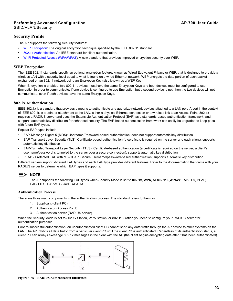 Security profile, Wep encryption 802.1x authentication | Proxim ORiNOCO AP-700 User Manual | Page 93 / 242