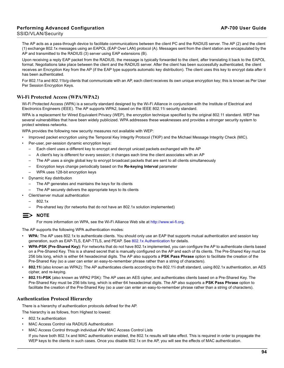 Wi-fi protected access (wpa/wpa2), A new st, Authentication protocol hierarchy | Proxim ORiNOCO AP-700 User Manual | Page 94 / 242