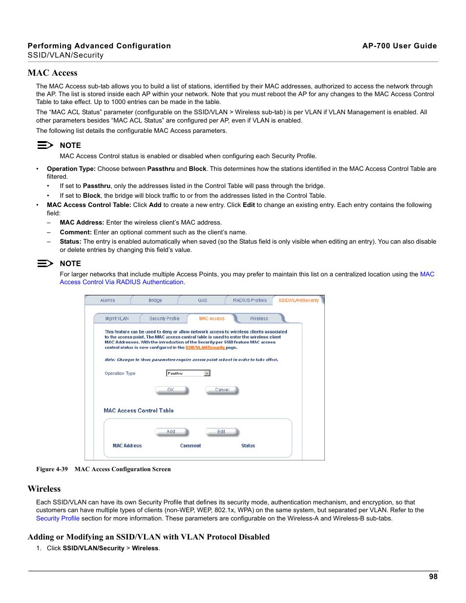 Mac access, Wireless, Mac access wireless | Proxim ORiNOCO AP-700 User Manual | Page 98 / 242