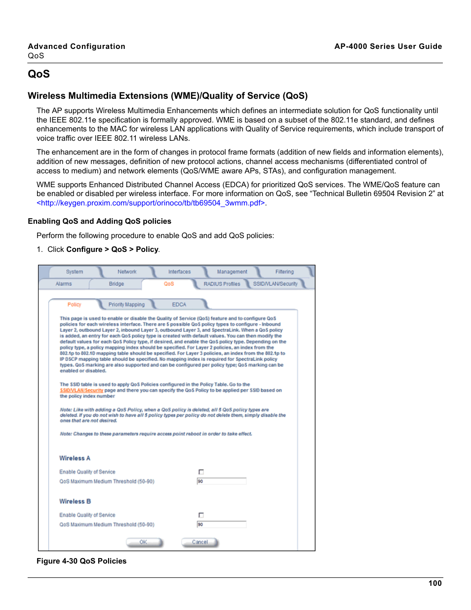 Enabling qos and adding qos policies | Proxim AP-4000 User Manual | Page 100 / 235