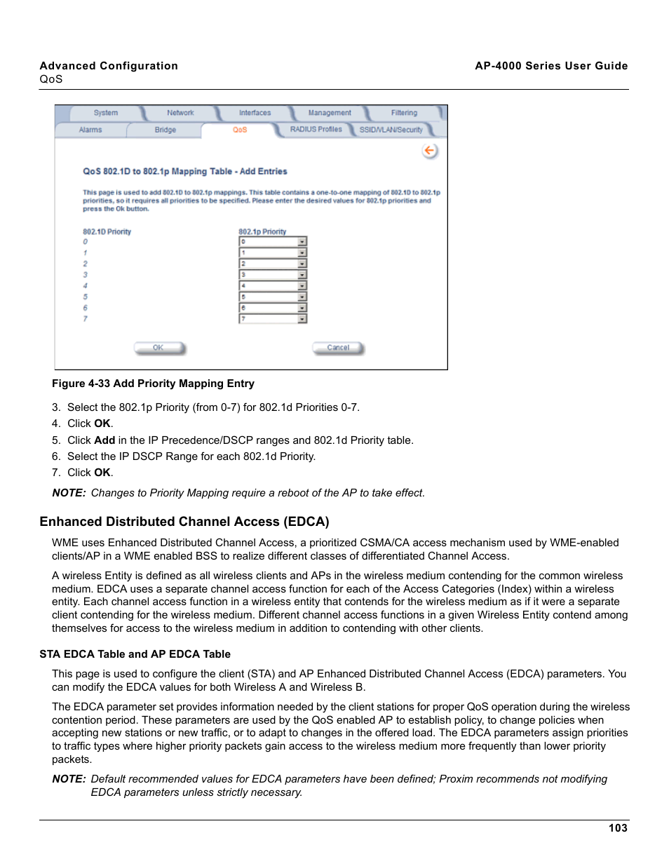 Enhanced distributed channel access (edca), Sta edca table and ap edca table | Proxim AP-4000 User Manual | Page 103 / 235
