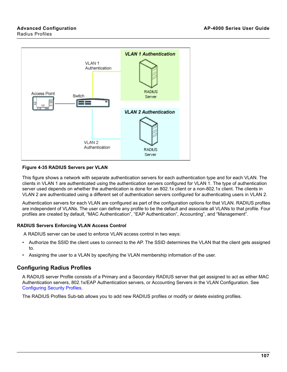Radius servers enforcing vlan access control, Configuring radius profiles | Proxim AP-4000 User Manual | Page 107 / 235