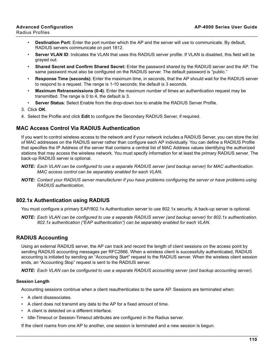 Mac access control via radius authentication, 1x authentication using radius, Radius accounting | Session length | Proxim AP-4000 User Manual | Page 110 / 235