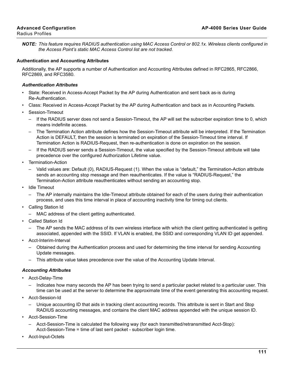 Authentication and accounting attributes | Proxim AP-4000 User Manual | Page 111 / 235