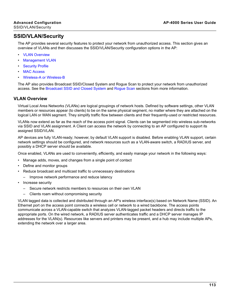 Ssid/vlan/security, Vlan overview | Proxim AP-4000 User Manual | Page 113 / 235