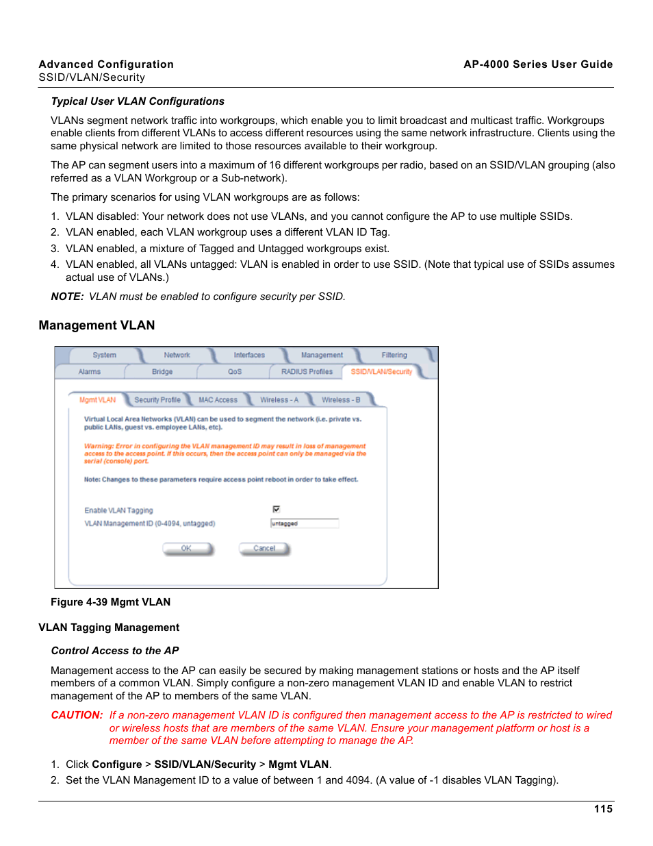 Management vlan, Vlan tagging management | Proxim AP-4000 User Manual | Page 115 / 235