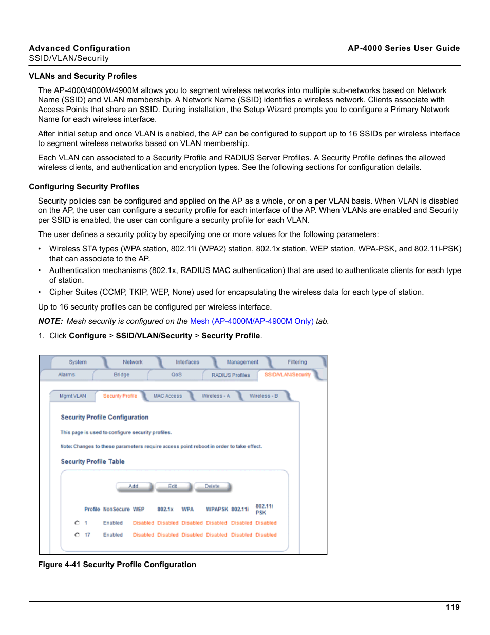 Vlans and security profiles, Configuring security profiles | Proxim AP-4000 User Manual | Page 119 / 235