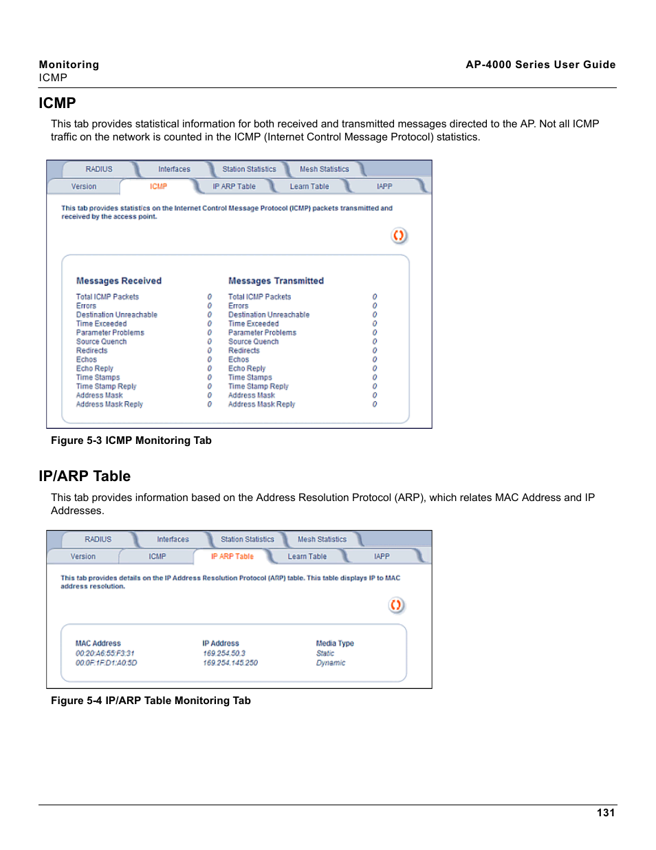 Icmp, Ip/arp table, Icmp ip/arp table | Proxim AP-4000 User Manual | Page 131 / 235
