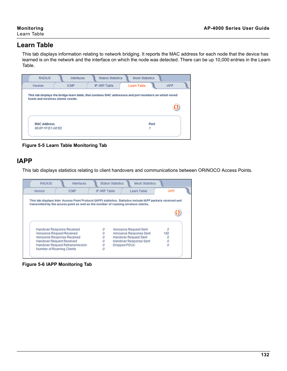 Learn table, Iapp, Learn table iapp | Proxim AP-4000 User Manual | Page 132 / 235