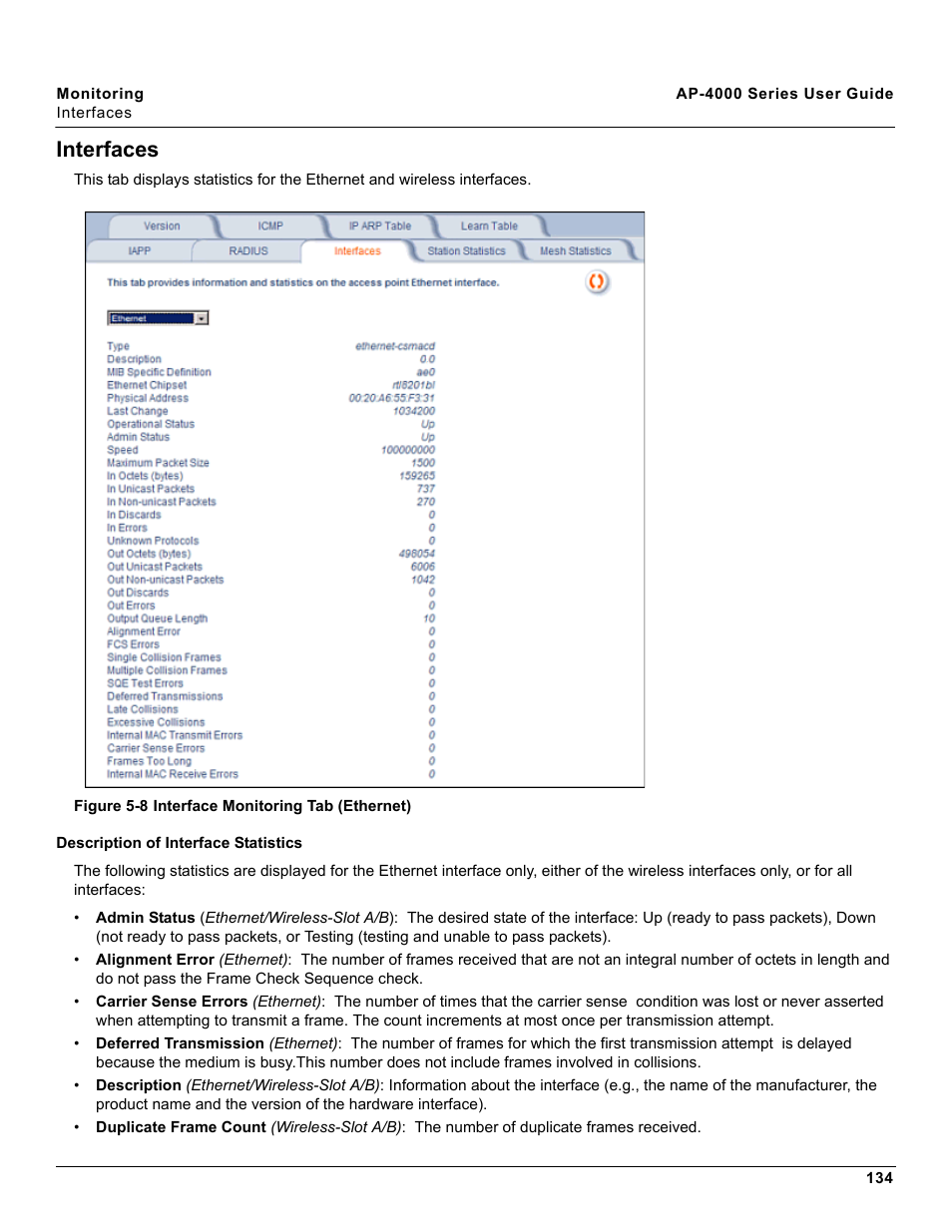Interfaces, Description of interface statistics | Proxim AP-4000 User Manual | Page 134 / 235