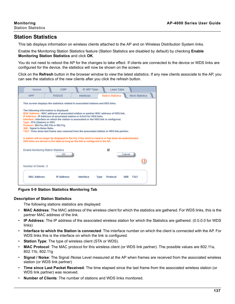 Station statistics, Description of station statistics | Proxim AP-4000 User Manual | Page 137 / 235