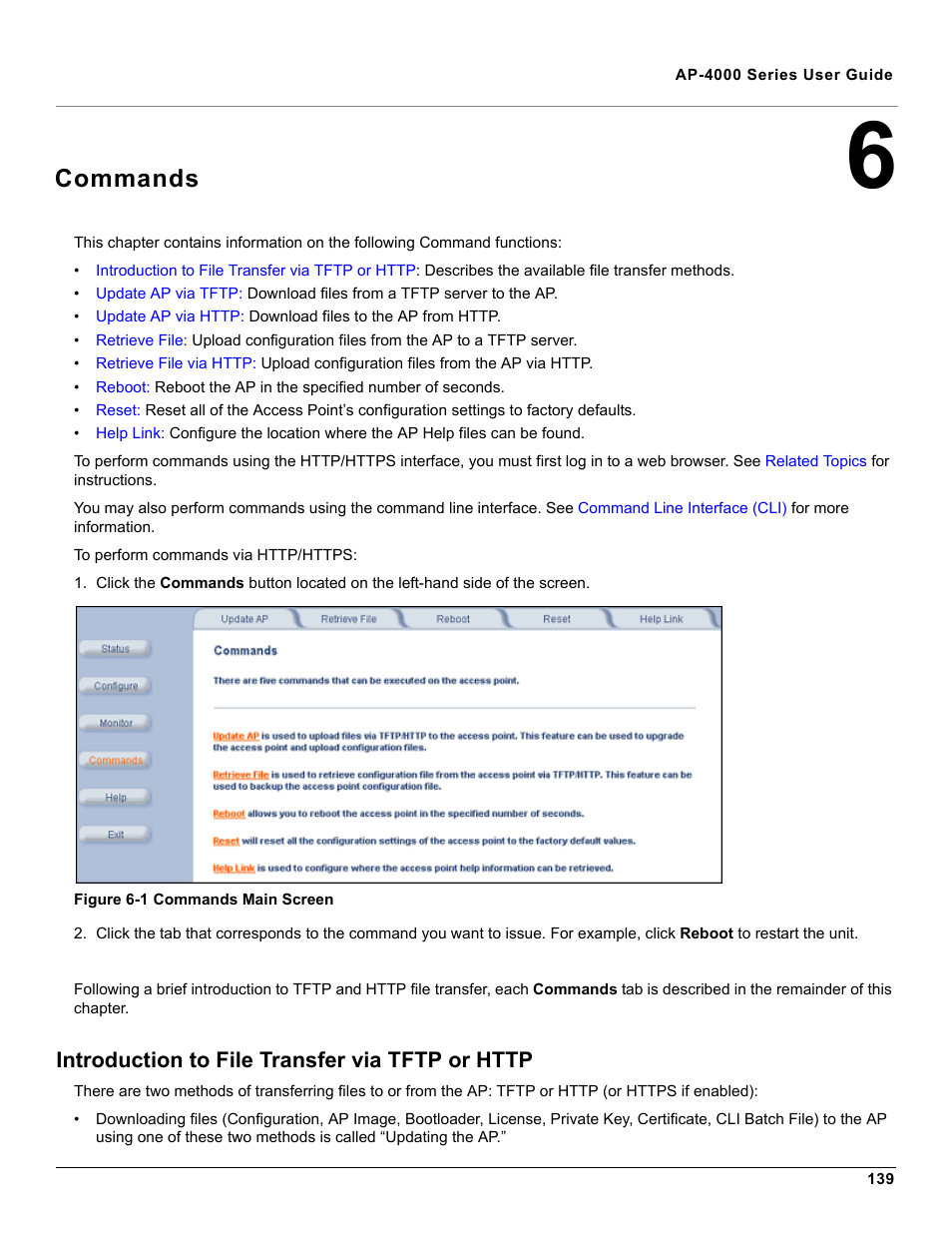 Commands, Introduction to file transfer via tftp or http, 6 commands | Proxim AP-4000 User Manual | Page 139 / 235