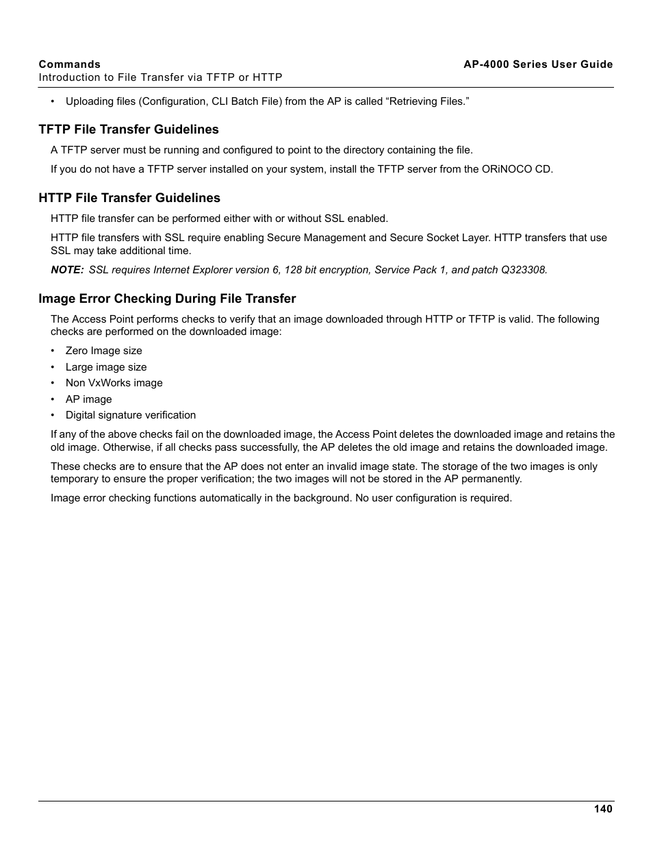 Tftp file transfer guidelines, Http file transfer guidelines, Image error checking during file transfer | Proxim AP-4000 User Manual | Page 140 / 235